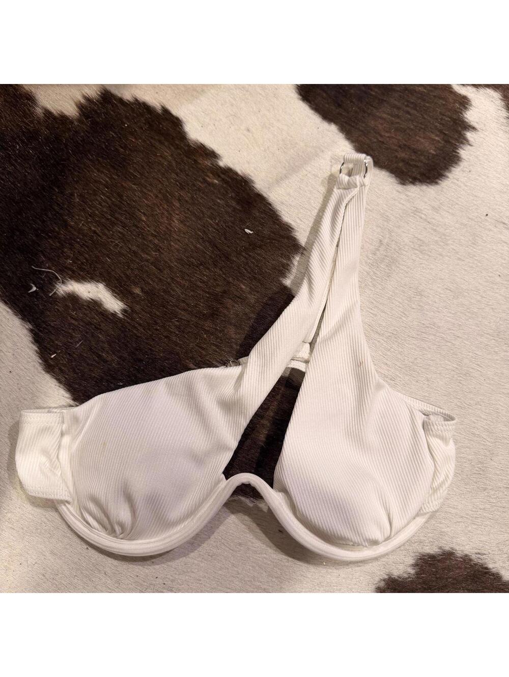 White Ribbed Asymmetrical Cutout Bikini Top